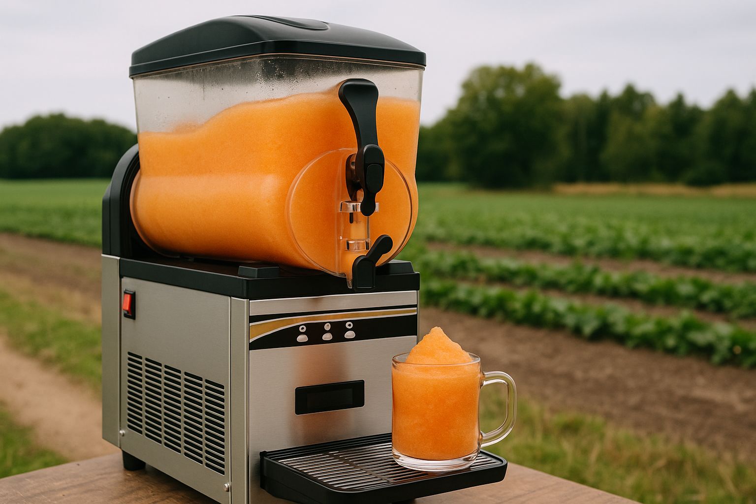 Pieni traktori hinattavalla haravalla pienellä pellolla luonnon keskellä.